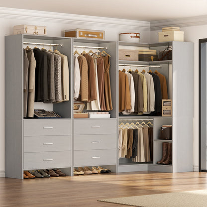 81-In Closet System Set with Wood Drawers, Corner Closet Organizer with Hanging Rods