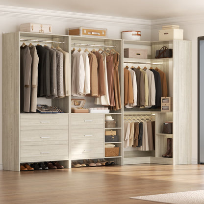 86-In Closet System Set with Wood Drawers, Corner Closet Organizer with Hanging Rods