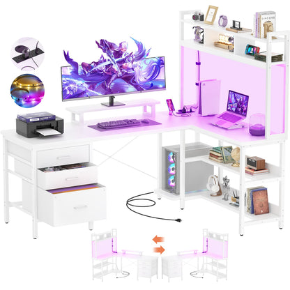 L Shaped Computer Desk with Hutch, Power Outlets, LED Lights & Storage Drawers