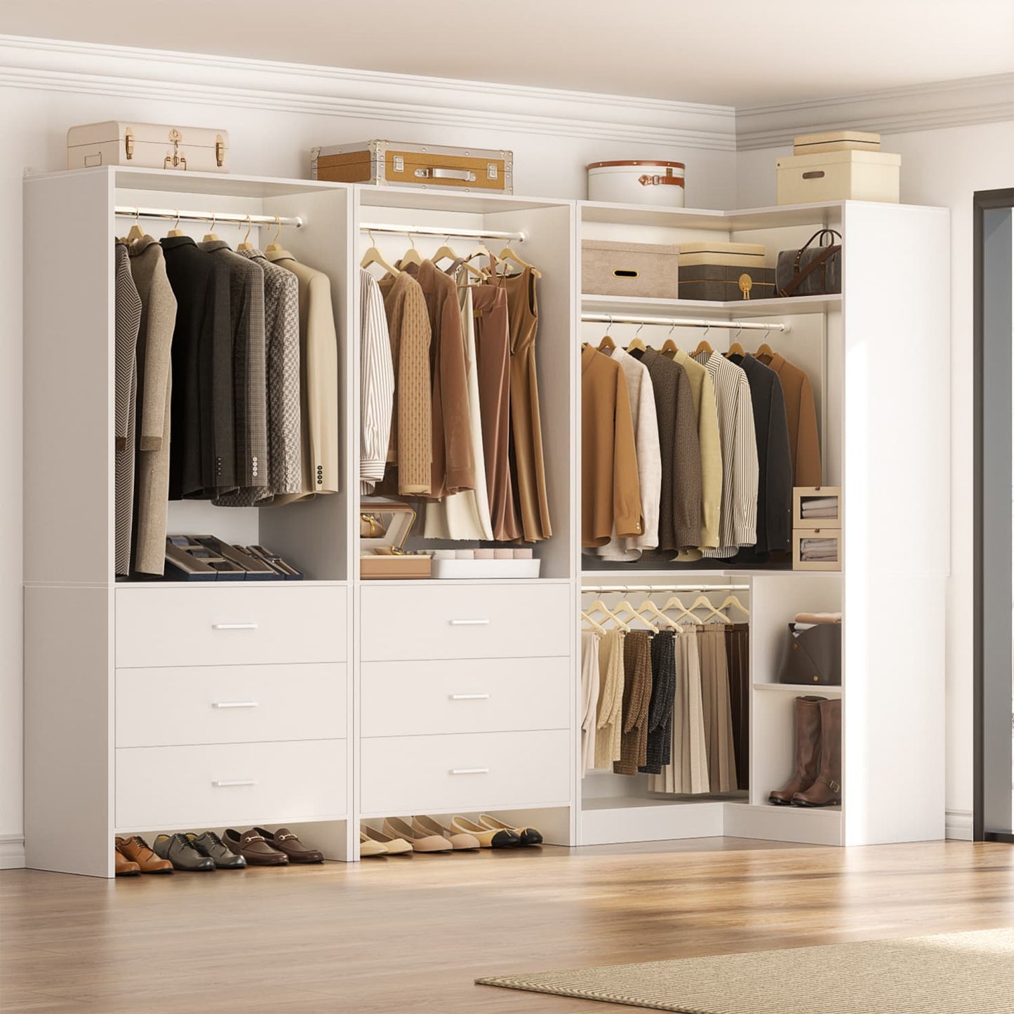 81-In Closet System Set with Wood Drawers, Corner Closet Organizer with Hanging Rods
