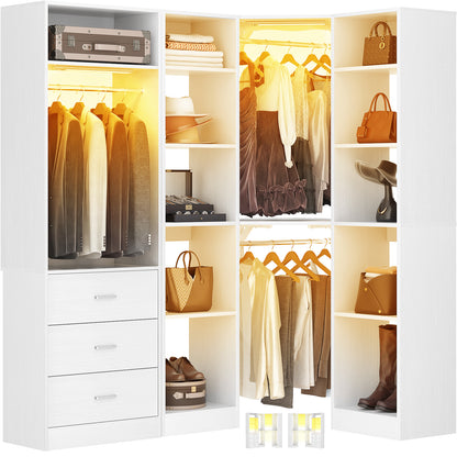 Corner Closet System with 2 Sensor Lights, Corner Closet Organizer with 3 Drawers, 13 Shelves & 3 Hanging Rods
