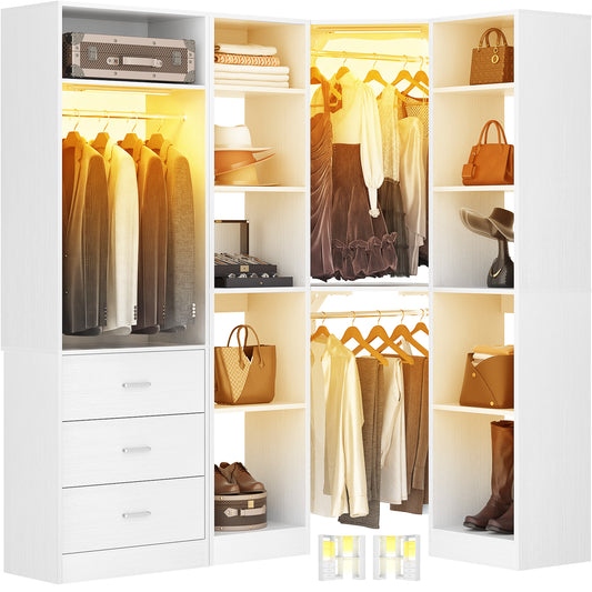 Corner Closet System with 2 Sensor Lights, Corner Closet Organizer with 3 Drawers, 13 Shelves & 3 Hanging Rods