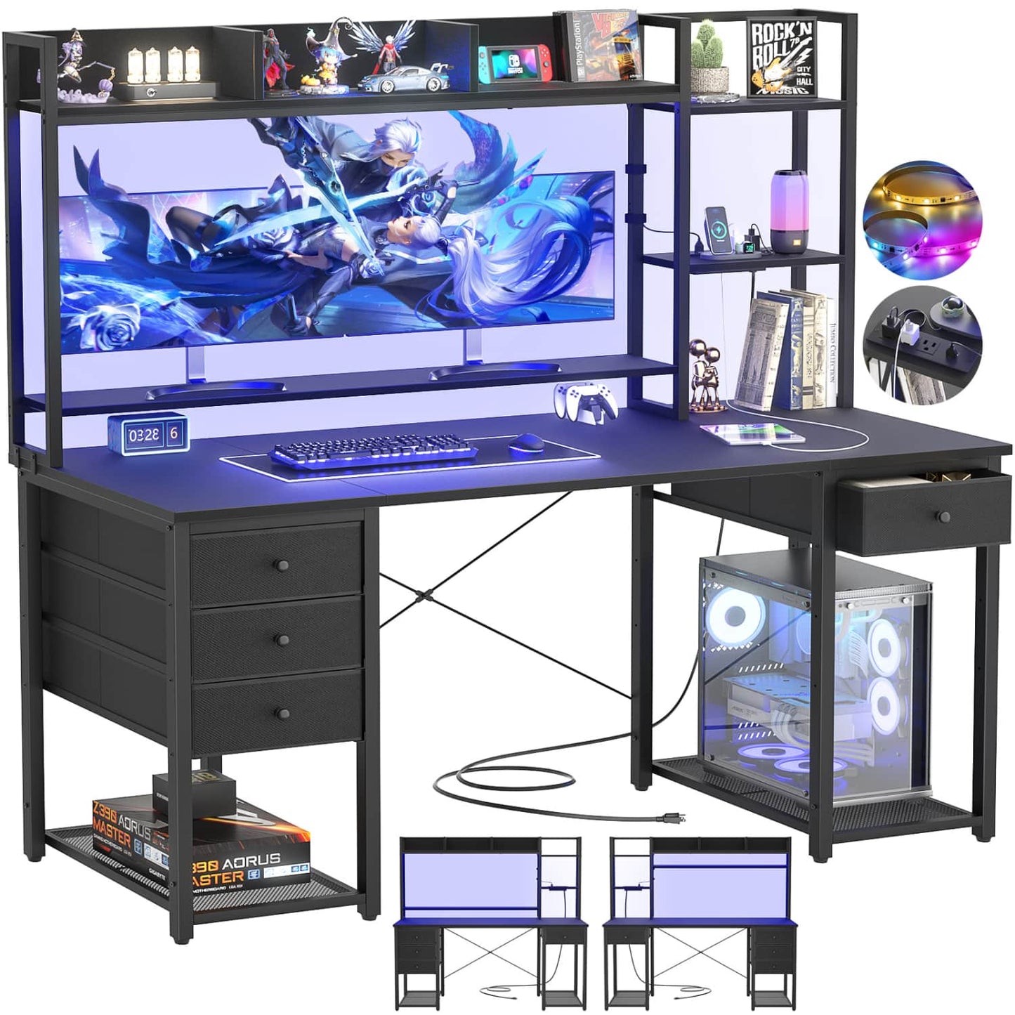 Computer Desk with LED Light, Power Outlet, Farbric Drawers