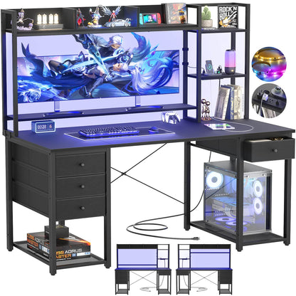 Computer Desk with LED Light, Power Outlet, Farbric Drawers