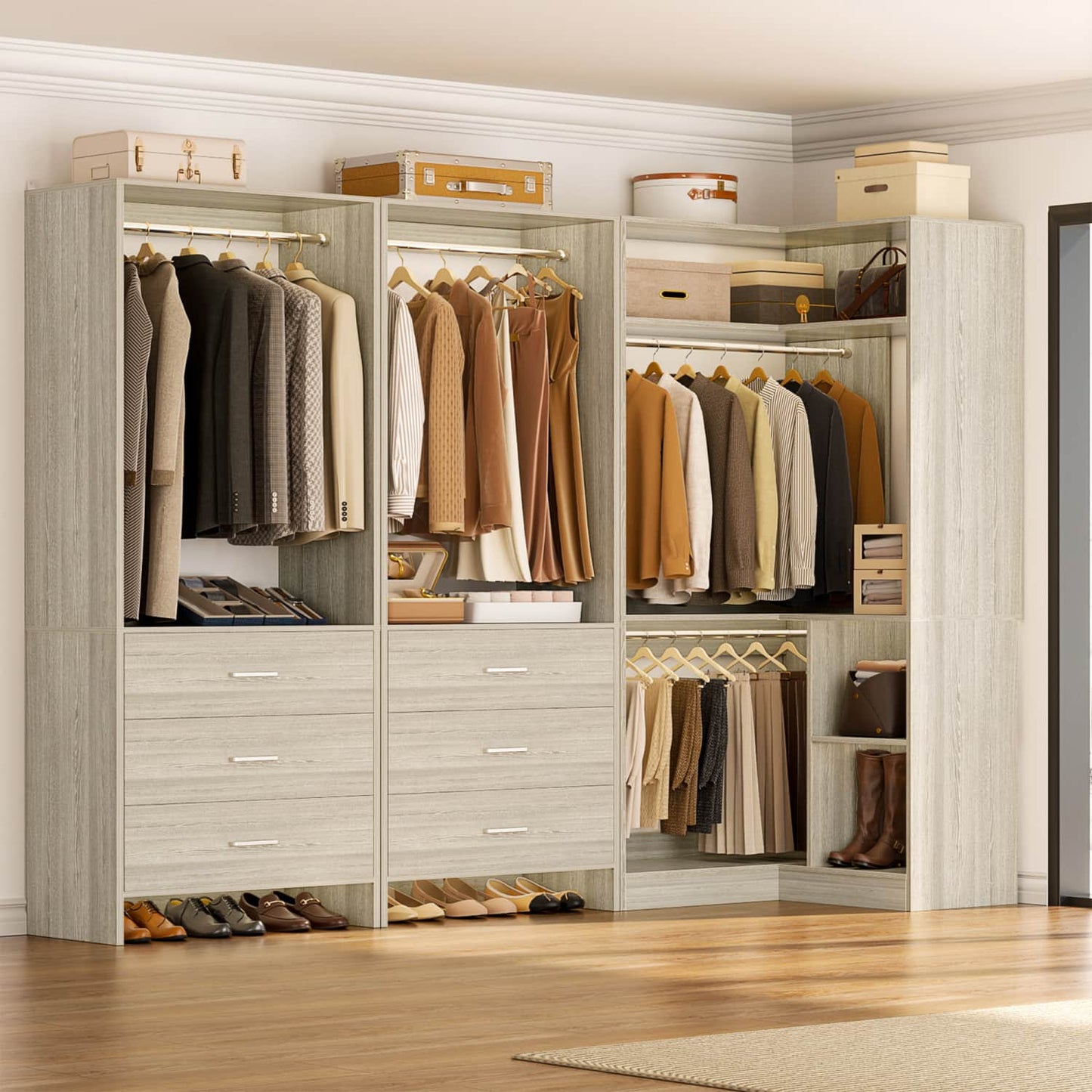 81-In Closet System Set with Wood Drawers, Corner Closet Organizer with Hanging Rods