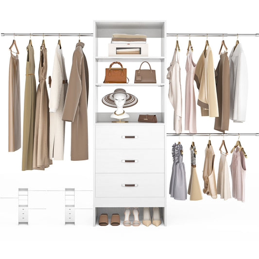 8FT Closet Organizer System with 3 Hanging Rods, 96'' Closet Organizers and Storage with 3 Wooden Drawers