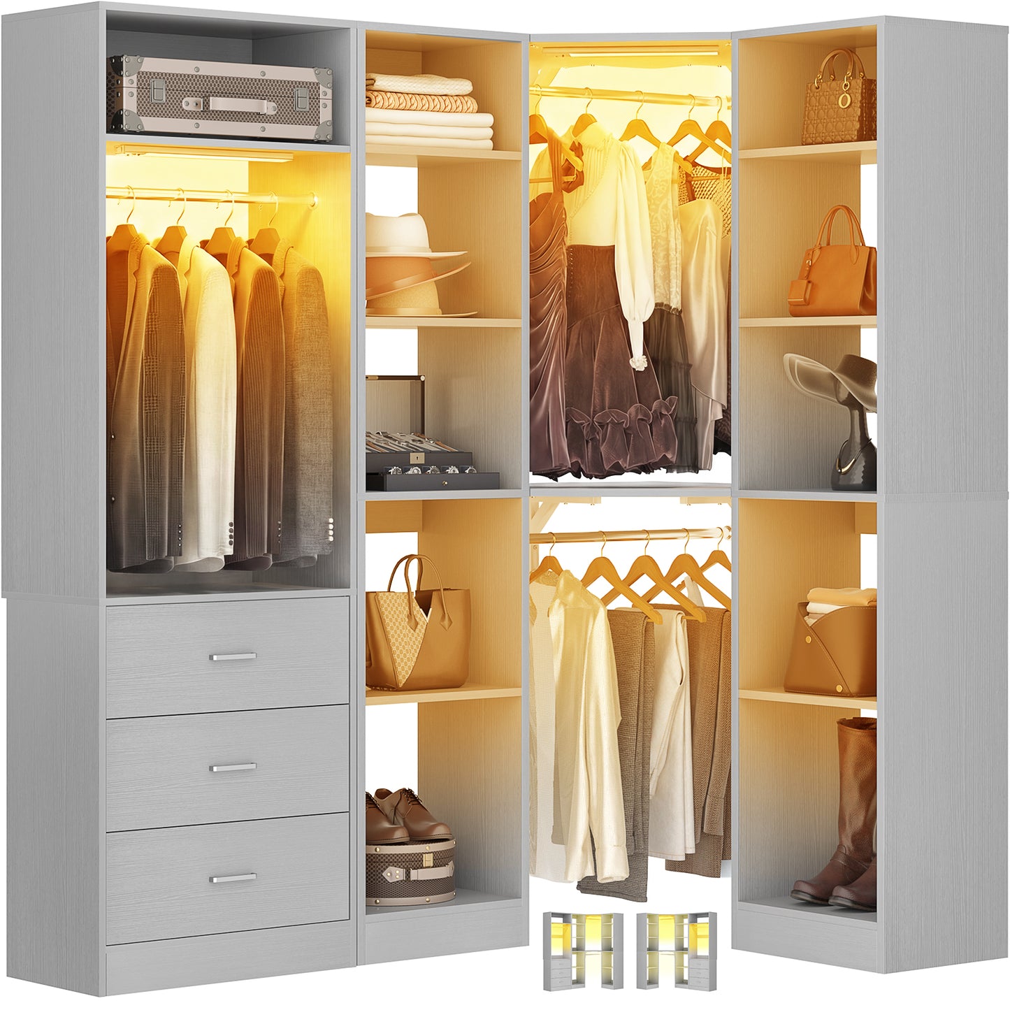 Corner Closet System with 2 Sensor Lights, Corner Closet Organizer with 3 Drawers, 13 Shelves & 3 Hanging Rods