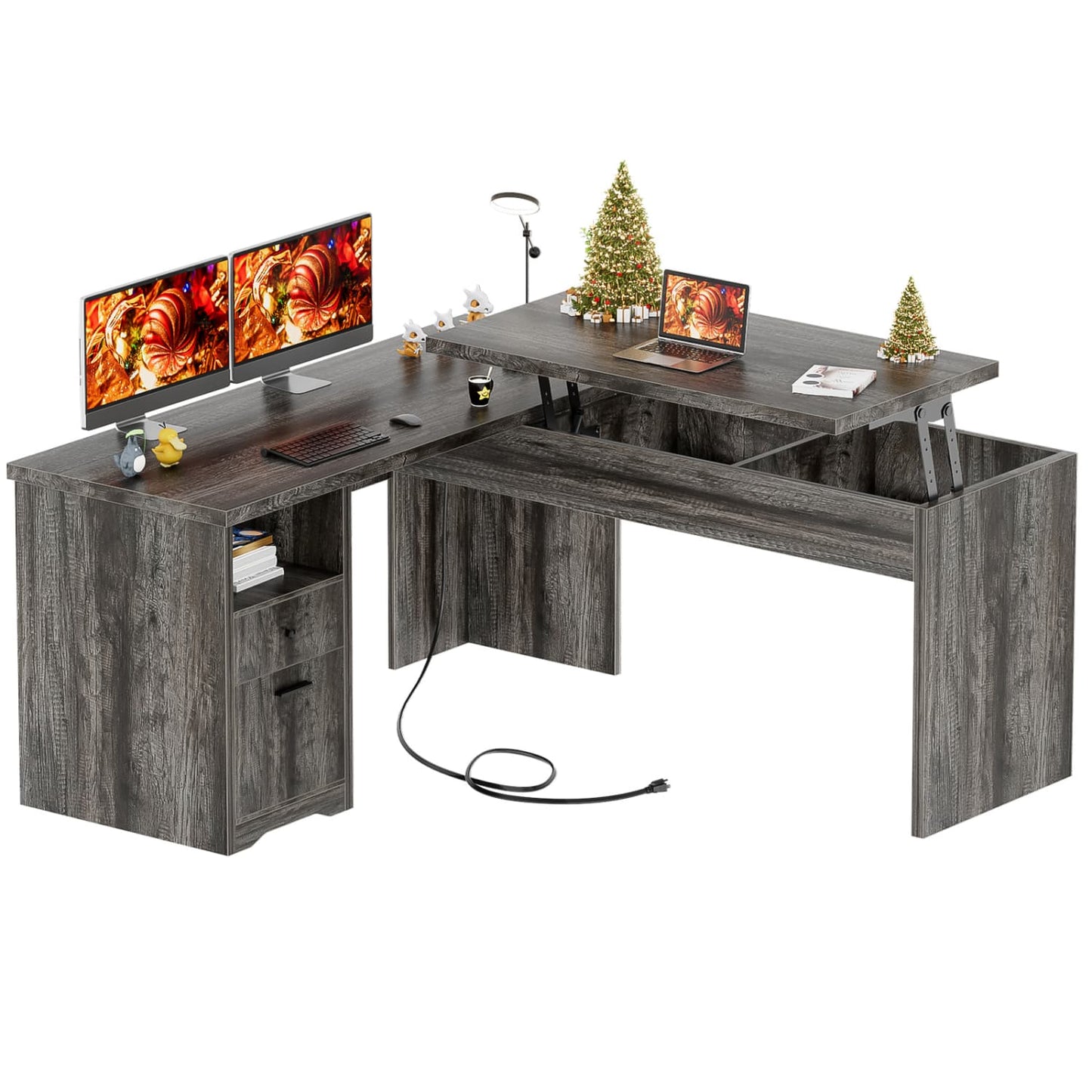 56" Lift Top Computer Desk with Drawers and Power Outlets, Lift Top