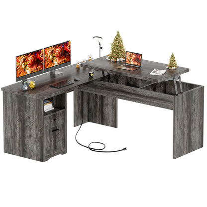 56" Lift Top Computer Desk with Drawers and Power Outlets, Lift Top