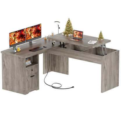 56" Lift Top Computer Desk with Drawers and Power Outlets, Lift Top
