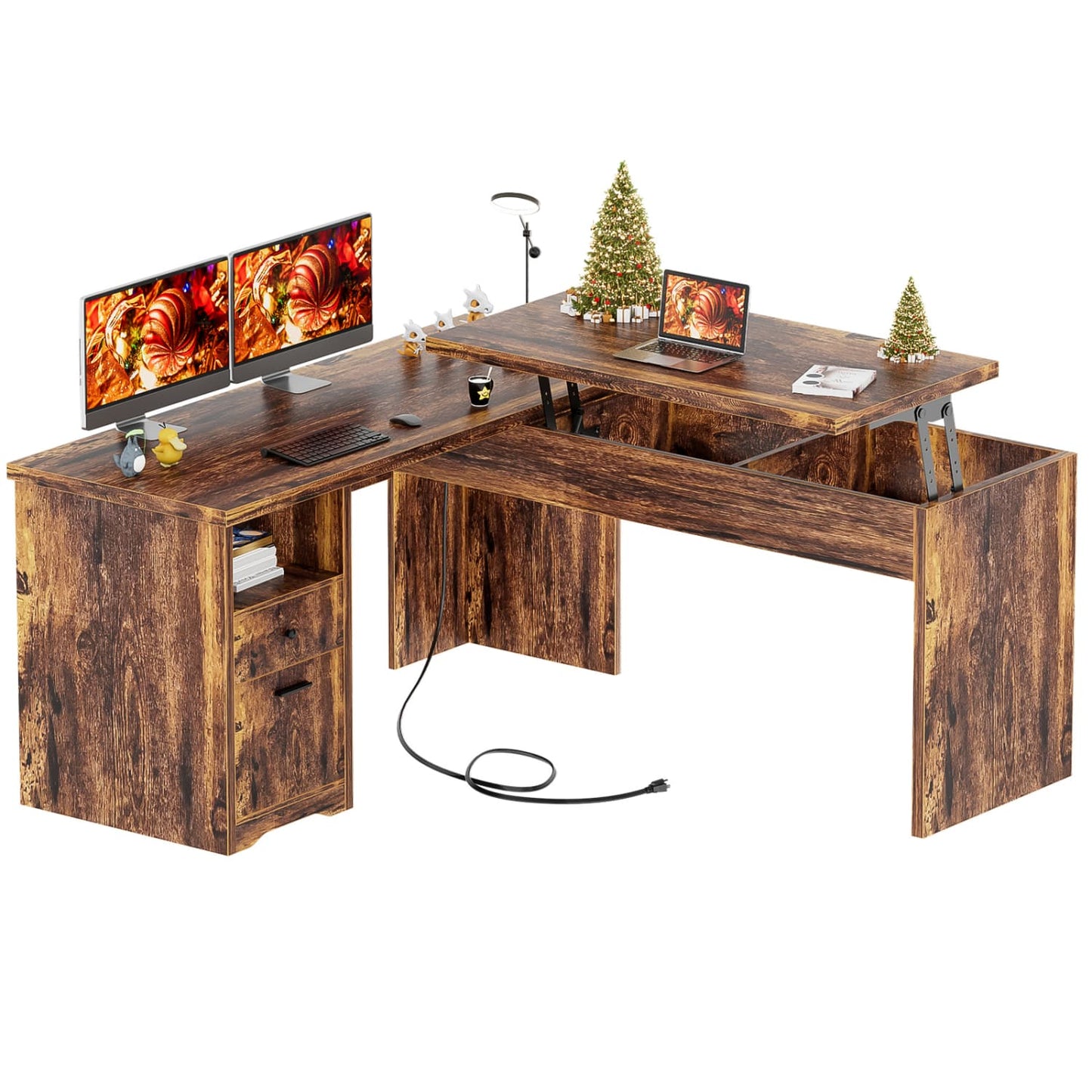 56" Lift Top Computer Desk with Drawers and Power Outlets, Lift Top