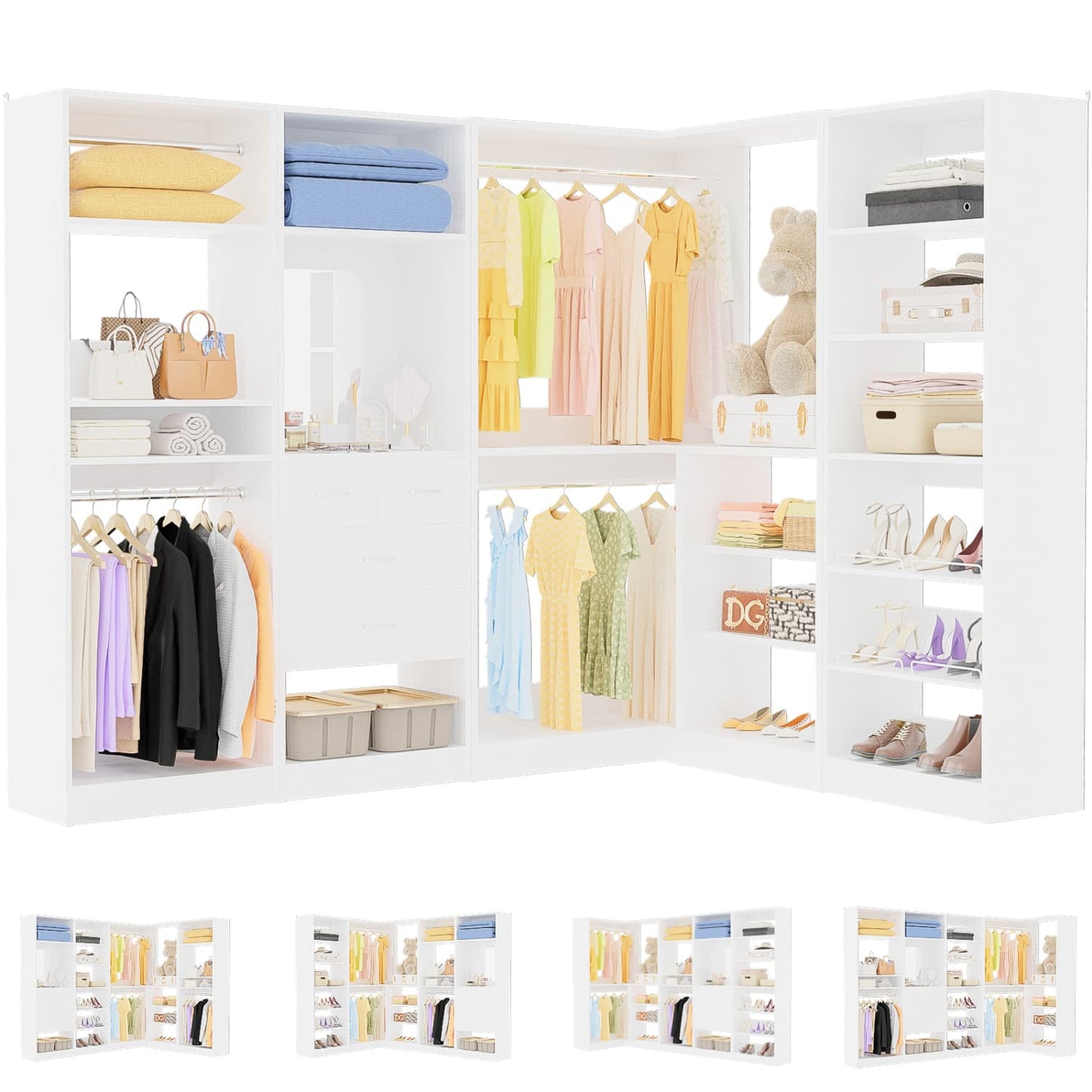 Corner Closet System with Shelf, Freestanding Closet Organizer with 2 Hanging Rods