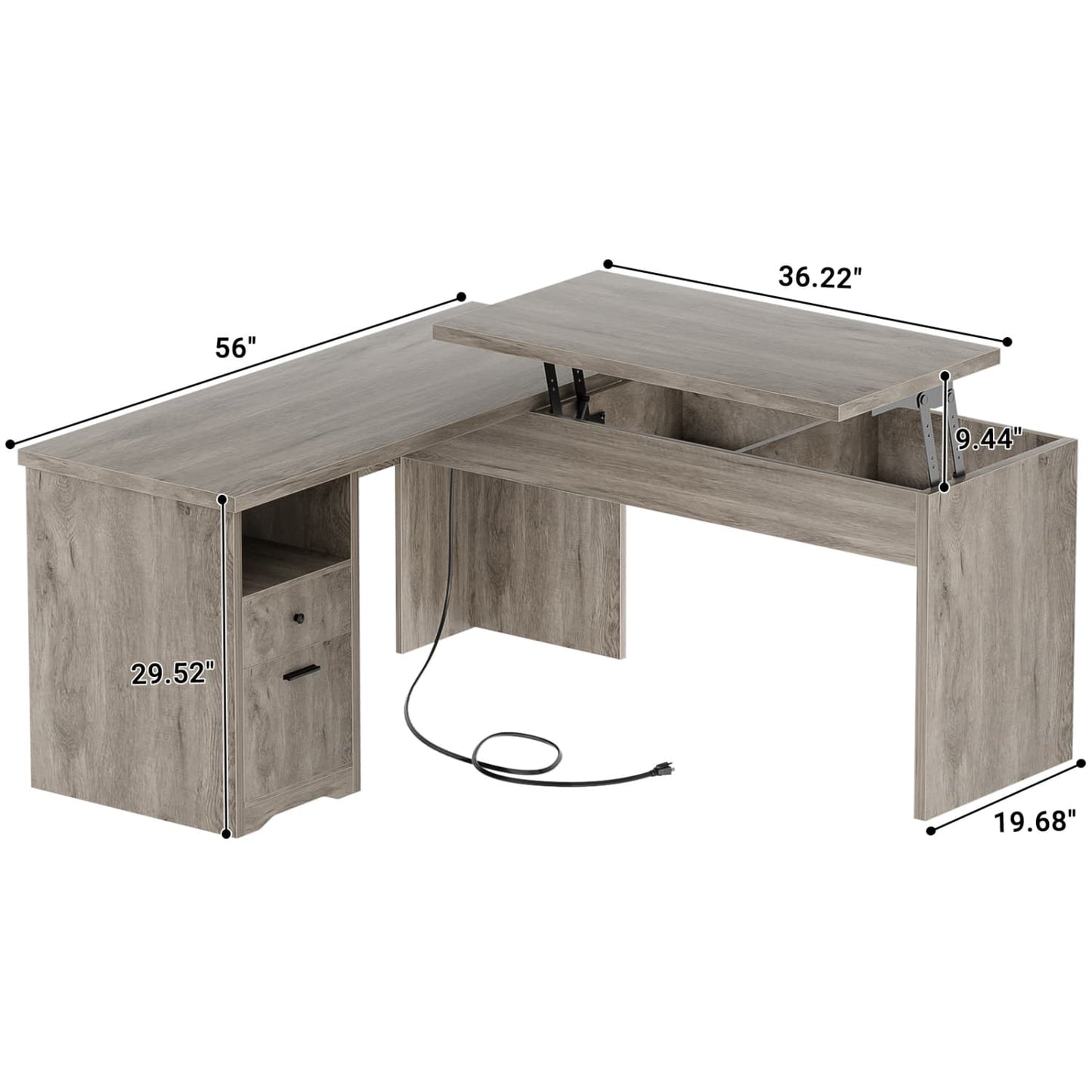 56" Lift Top Computer Desk with Drawers and Power Outlets, Lift Top