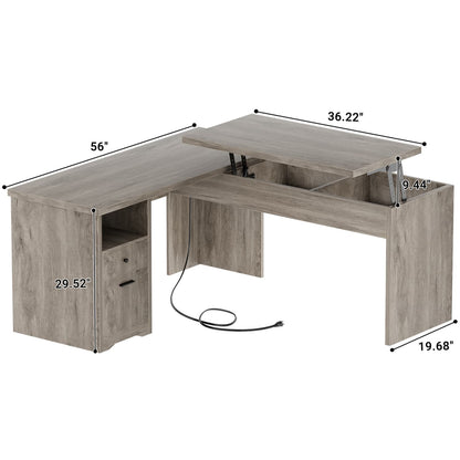56" Lift Top Computer Desk with Drawers and Power Outlets, Lift Top