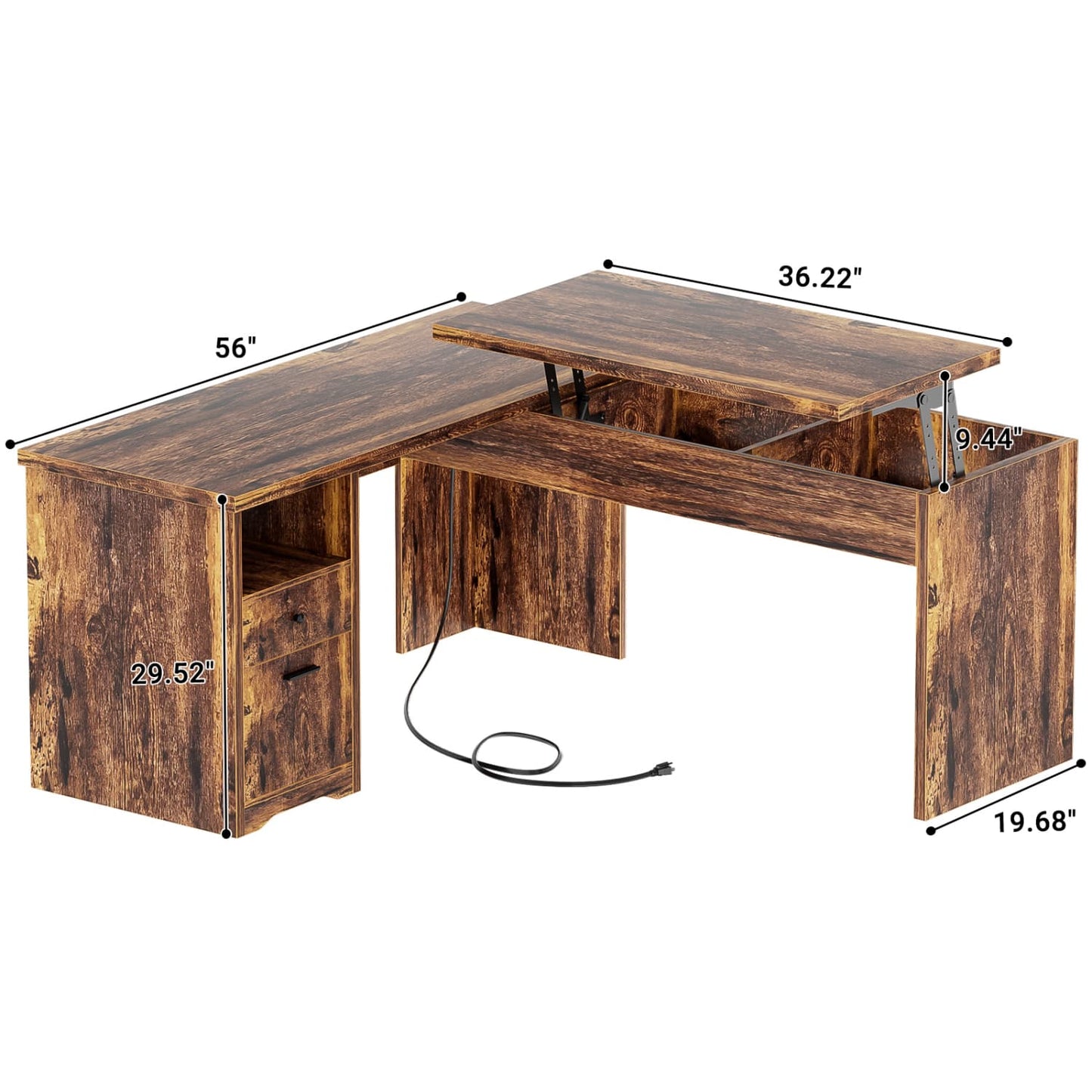 56" Lift Top Computer Desk with Drawers and Power Outlets, Lift Top