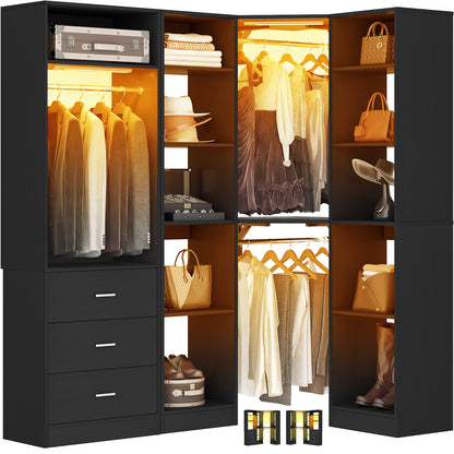 Corner Closet System with 2 Sensor Lights, Corner Closet Organizer with 3 Drawers, 13 Shelves & 3 Hanging Rods