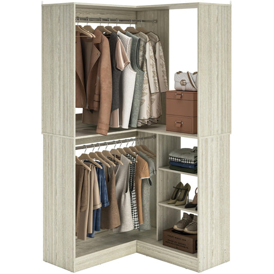 Corner Closet System with Shelf, Freestanding Closet Organizer with 2 Hanging Rods