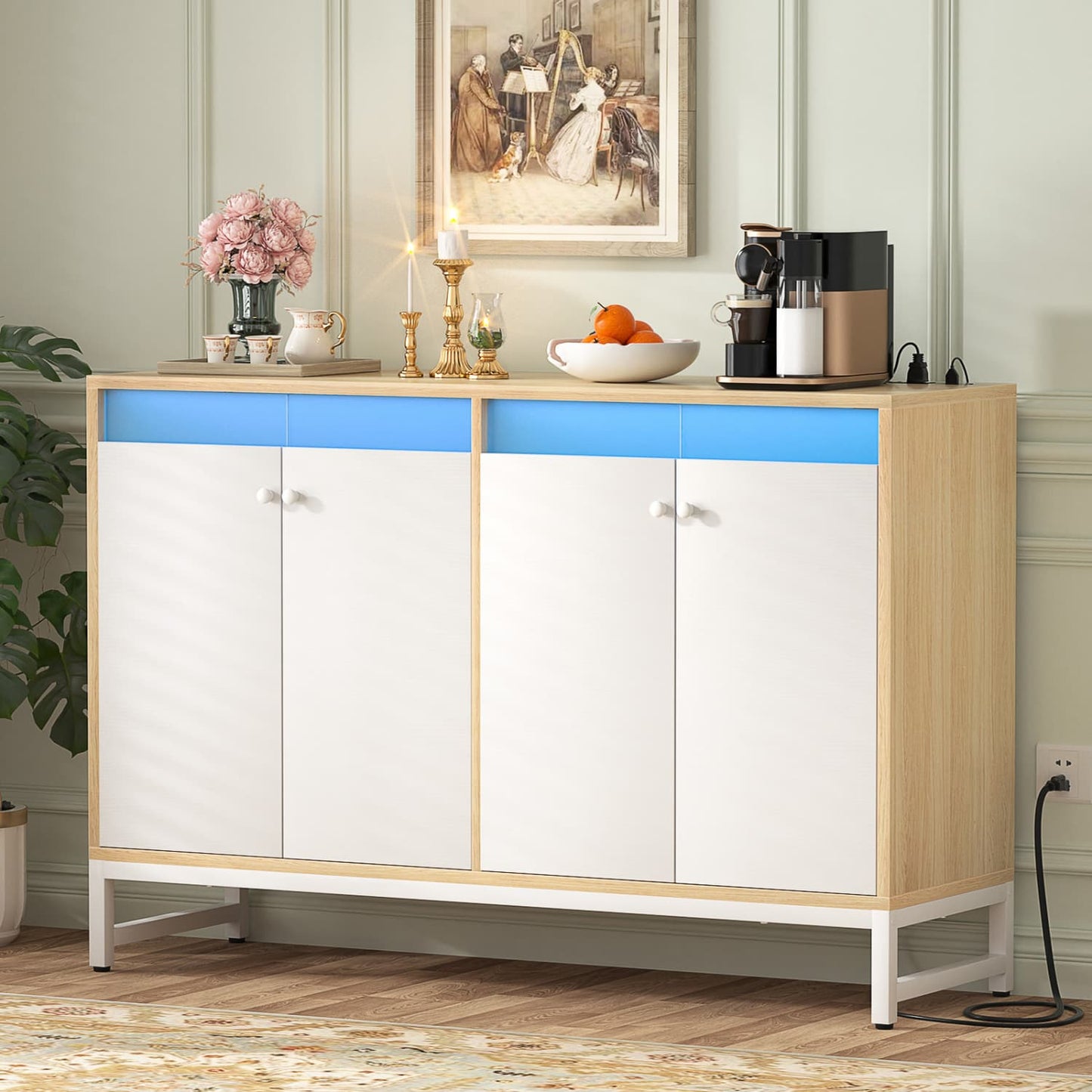 Storage Buffet Cabinet with Adjustable Shelves, Coffee Bar with Charging Station, LED Light