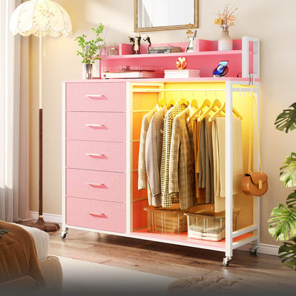 Dresser for Bedroom with Clothes Rack & Shelves, 5 Drawers Dresser with Charging Station
