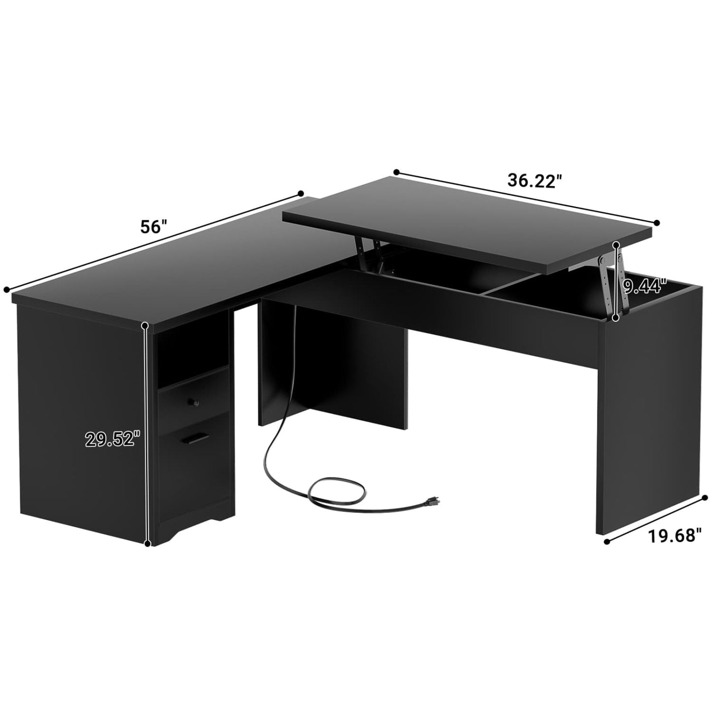56" Lift Top Computer Desk with Drawers and Power Outlets, Lift Top