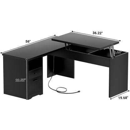56" Lift Top Computer Desk with Drawers and Power Outlets, Lift Top