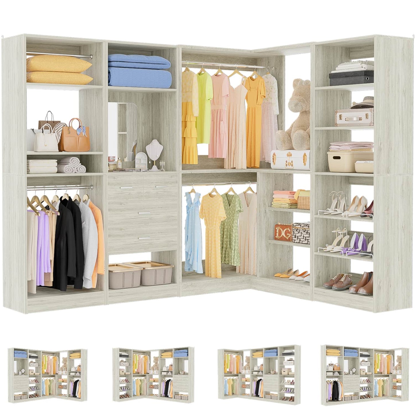 Corner Closet System with Shelf, Freestanding Closet Organizer with 2 Hanging Rods