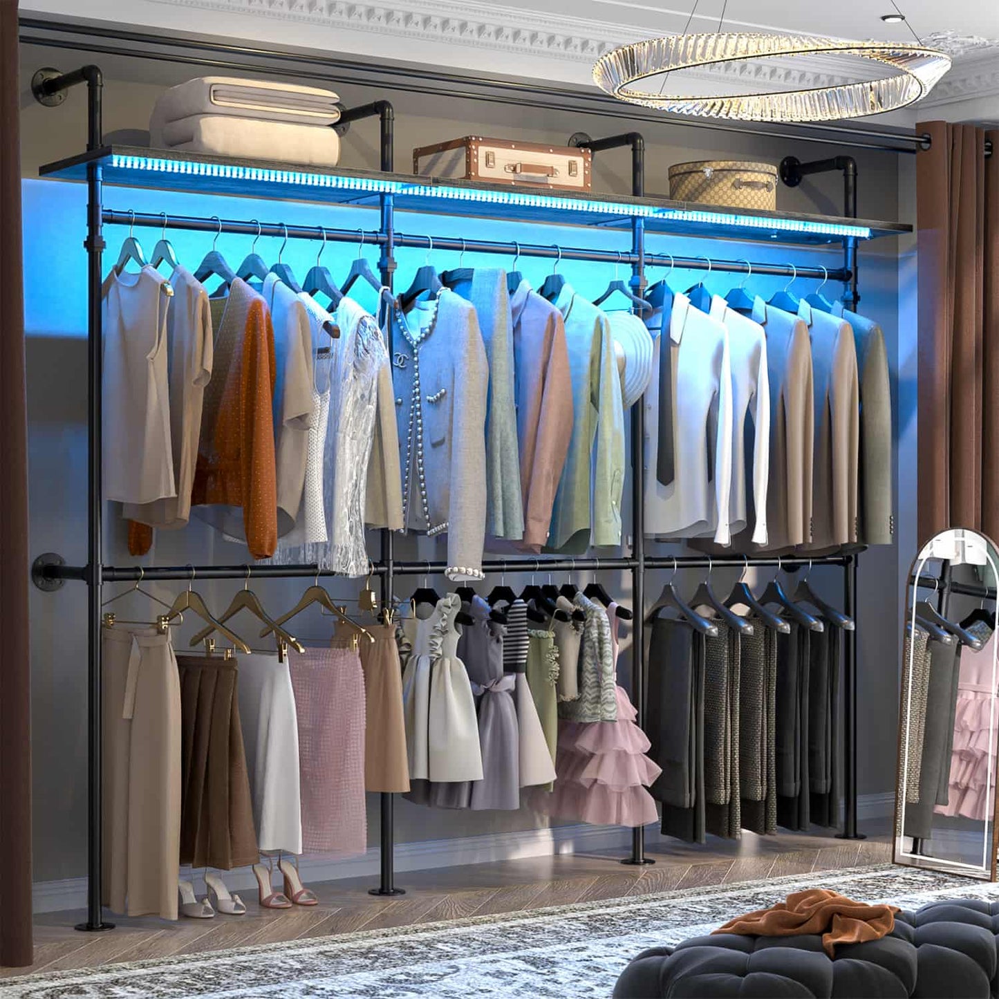 Industrial Pipe Clothing Rack, Reversible 118.3'' Clothes Rack for Hanging Clothes