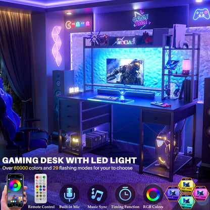 Computer Desk with LED Light, Power Outlet, Farbric Drawers