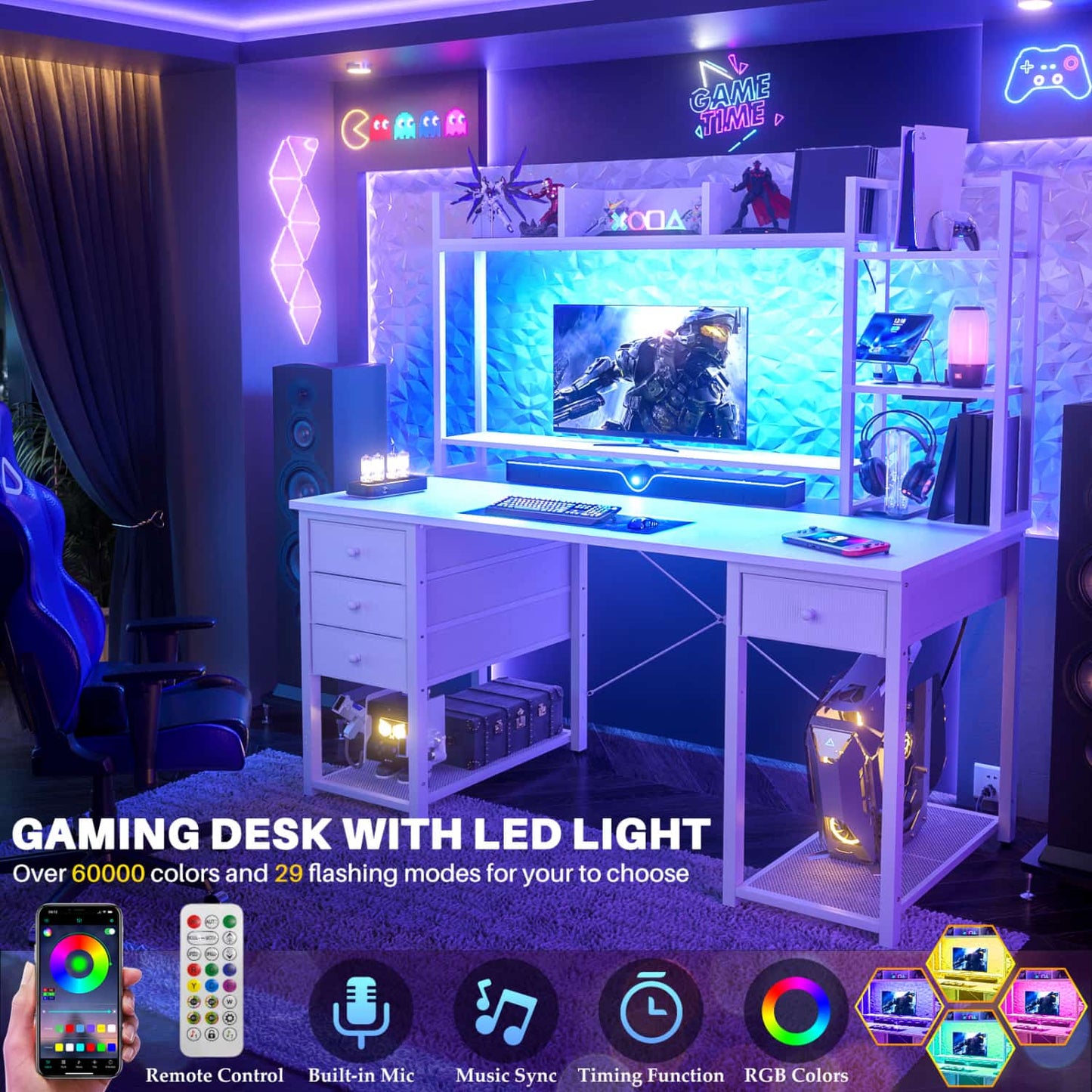 Computer Desk with LED Light, Power Outlet, Farbric Drawers