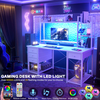 Computer Desk with LED Light, Power Outlet, Farbric Drawers