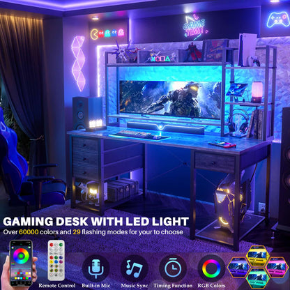 Computer Desk with LED Light, Power Outlet, Farbric Drawers