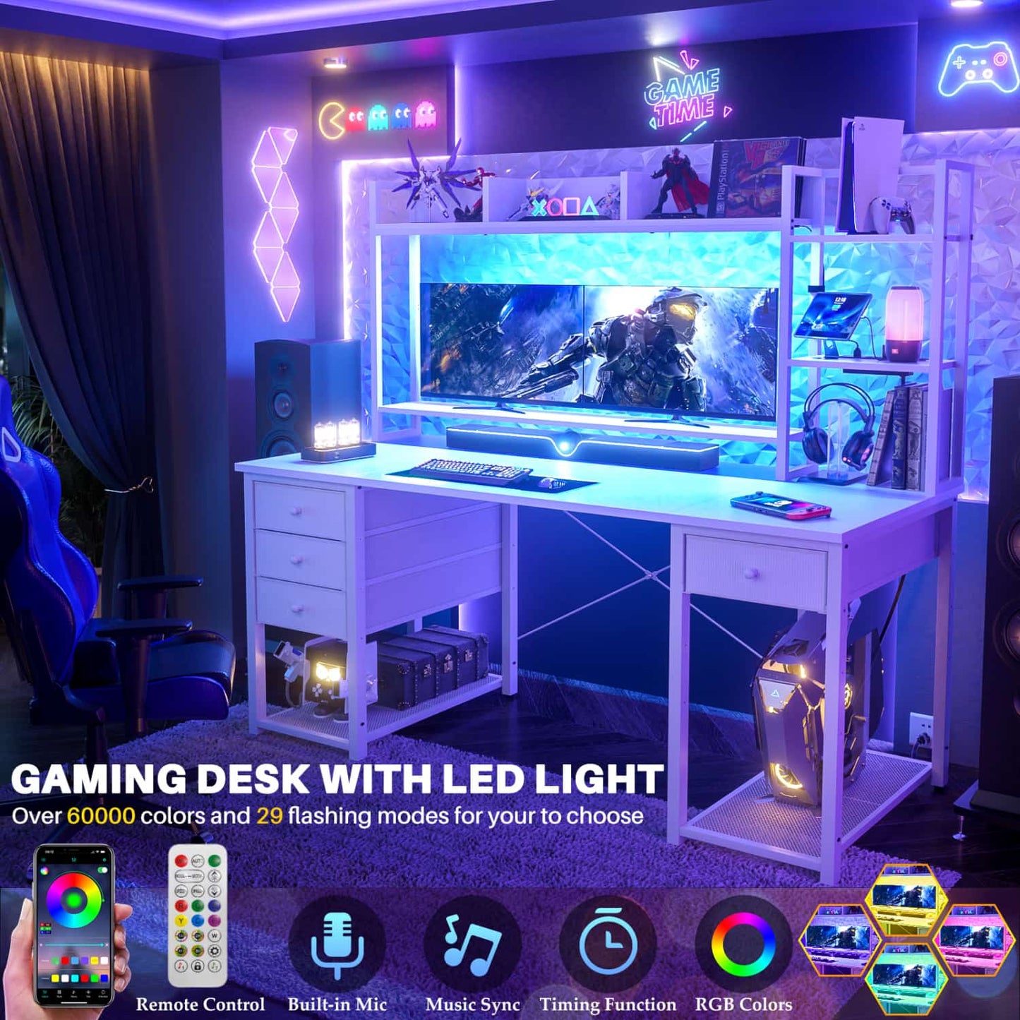Computer Desk with LED Light, Power Outlet, Farbric Drawers