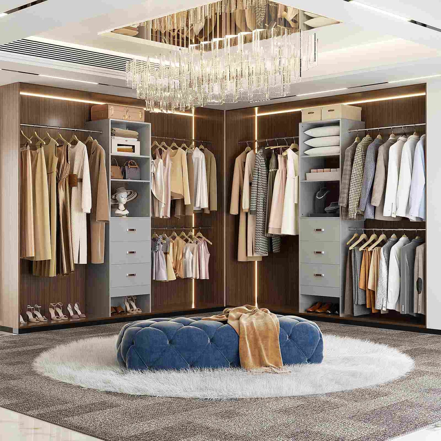 8FT Closet Organizer System with 3 Hanging Rods, 96'' Closet Organizers and Storage with 3 Wooden Drawers