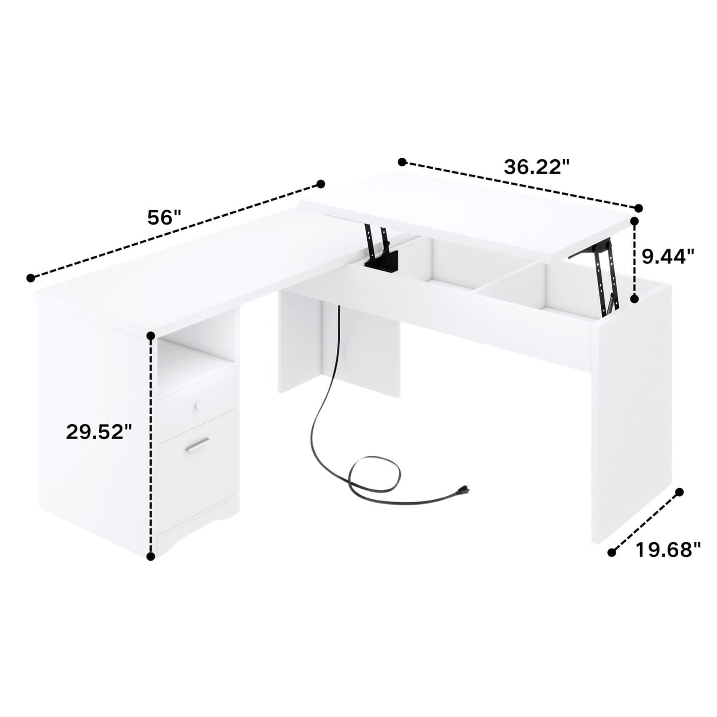 56'' Lift Top Computer Desk with Drawers and Power Outlets, Lift Top-White