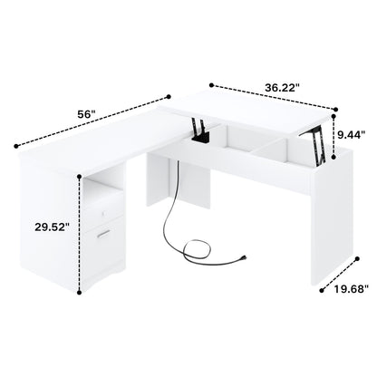 56'' Lift Top Computer Desk with Drawers and Power Outlets, Lift Top-White