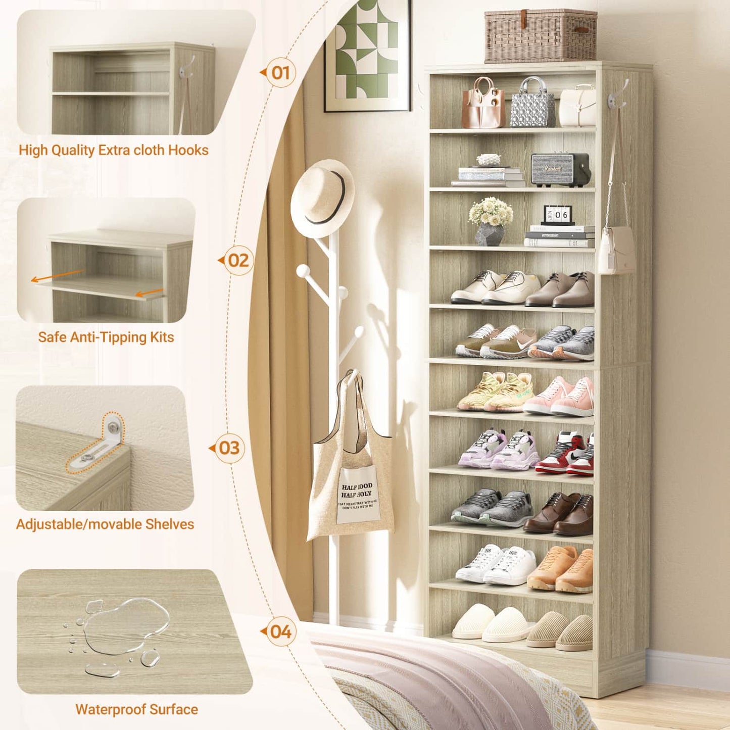 Shoe Storage Cabinet, 10-Tier Shoe Rack With Drawers