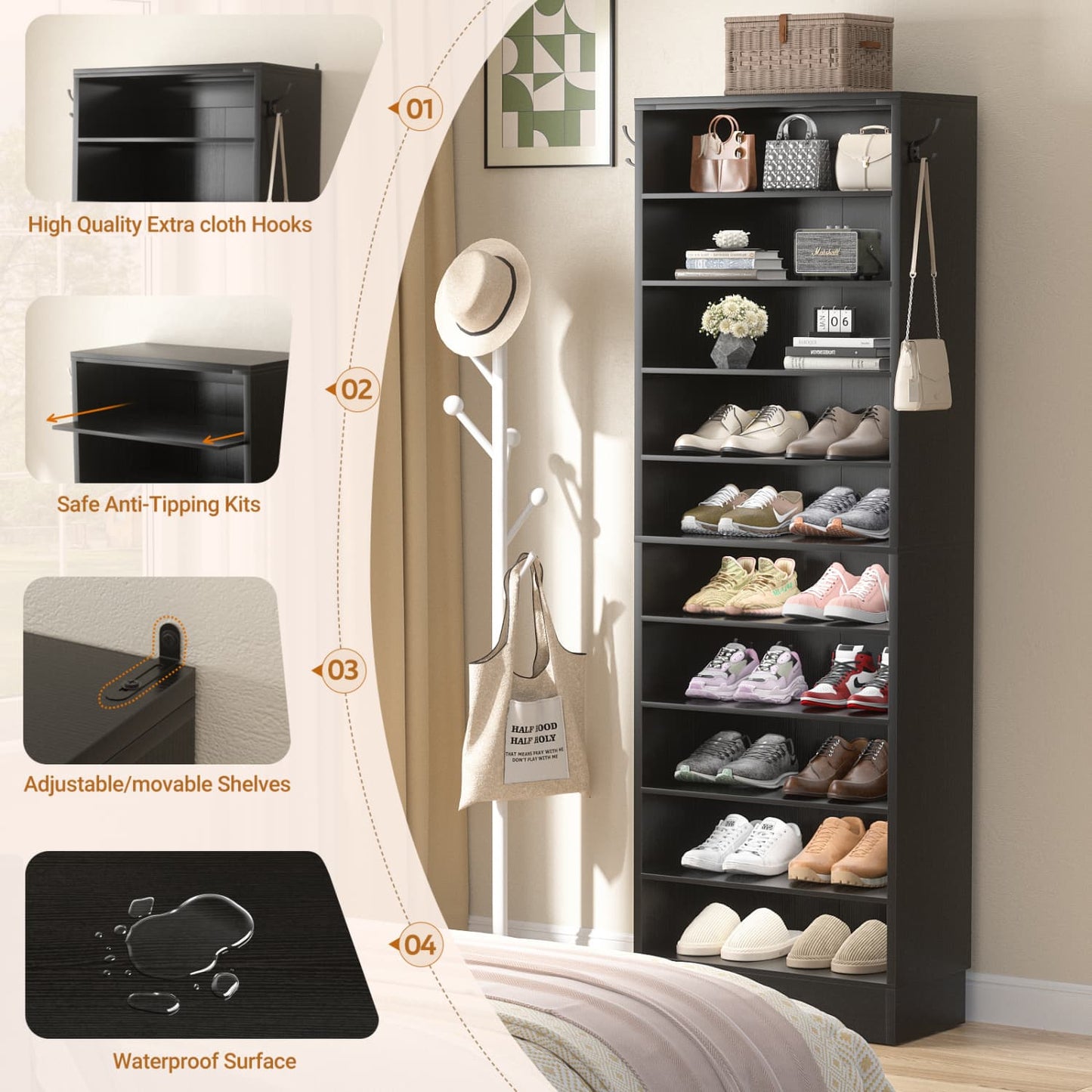 Shoe Storage Cabinet, 10-Tier Shoe Rack With Drawers