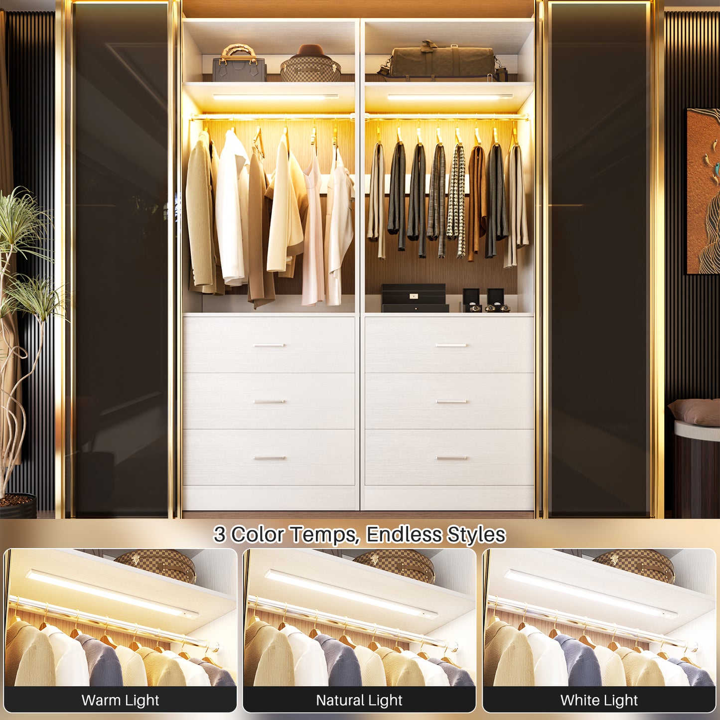 Besiost Closet System with 3 Drawers & 3CCT Sensor Light
