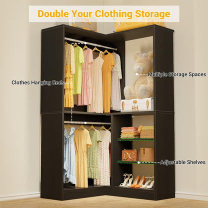 Corner Closet System with Shelf, Freestanding Closet Organizer with 2 Hanging Rods