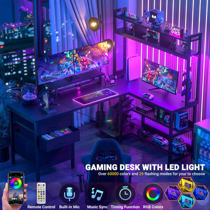 L Shaped Computer Desk with Hutch, Power Outlets, LED Lights & Storage Drawers