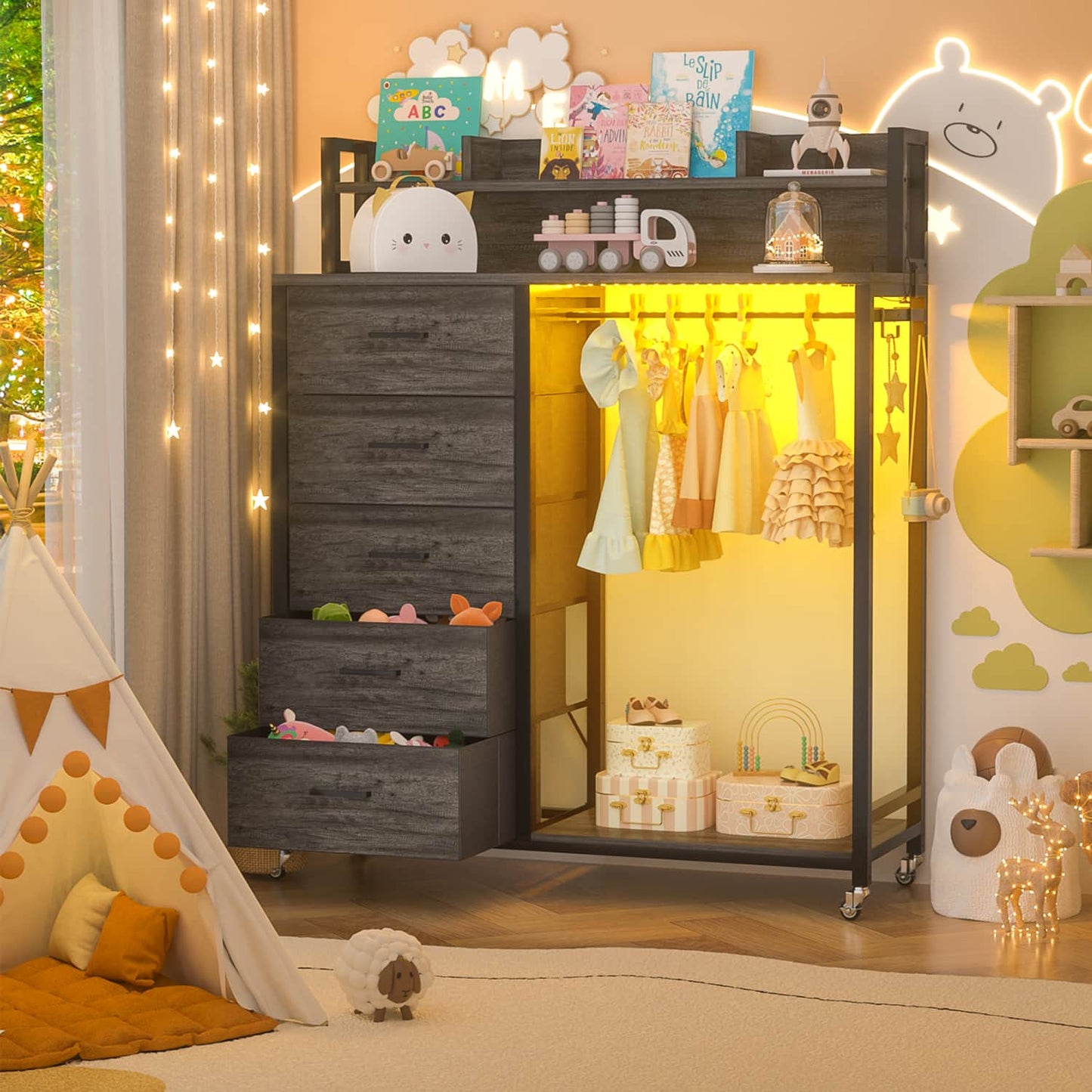 Dresser for Bedroom with Clothes Rack & Shelves, 5 Drawers Dresser with Charging Station