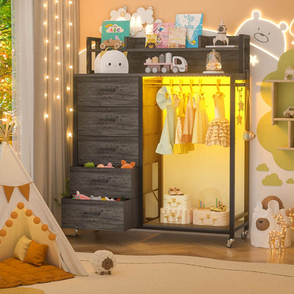 Dresser for Bedroom with Clothes Rack & Shelves, 5 Drawers Dresser with Charging Station