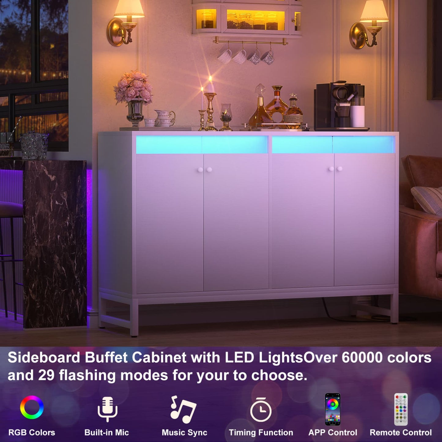 Storage Buffet Cabinet with Adjustable Shelves, Coffee Bar with Charging Station, LED Light