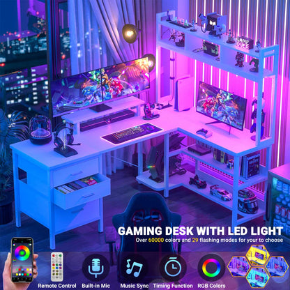 L Shaped Computer Desk with Hutch, Power Outlets, LED Lights & Storage Drawers