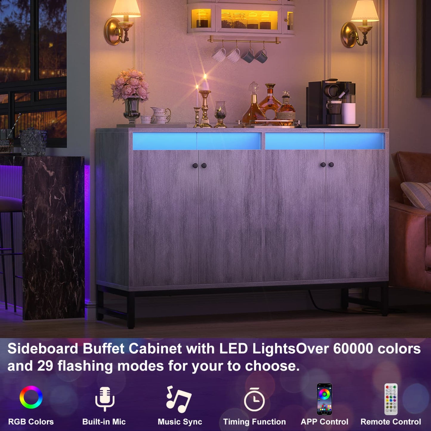 Storage Buffet Cabinet with Adjustable Shelves, Coffee Bar with Charging Station, LED Light