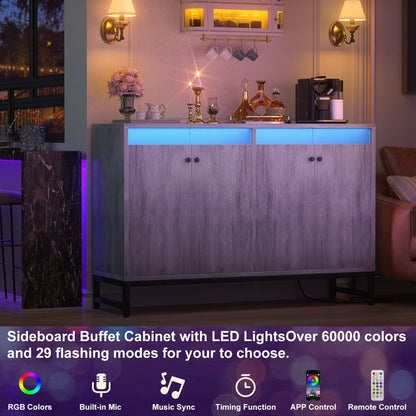Storage Buffet Cabinet with Adjustable Shelves, Coffee Bar with Charging Station, LED Light