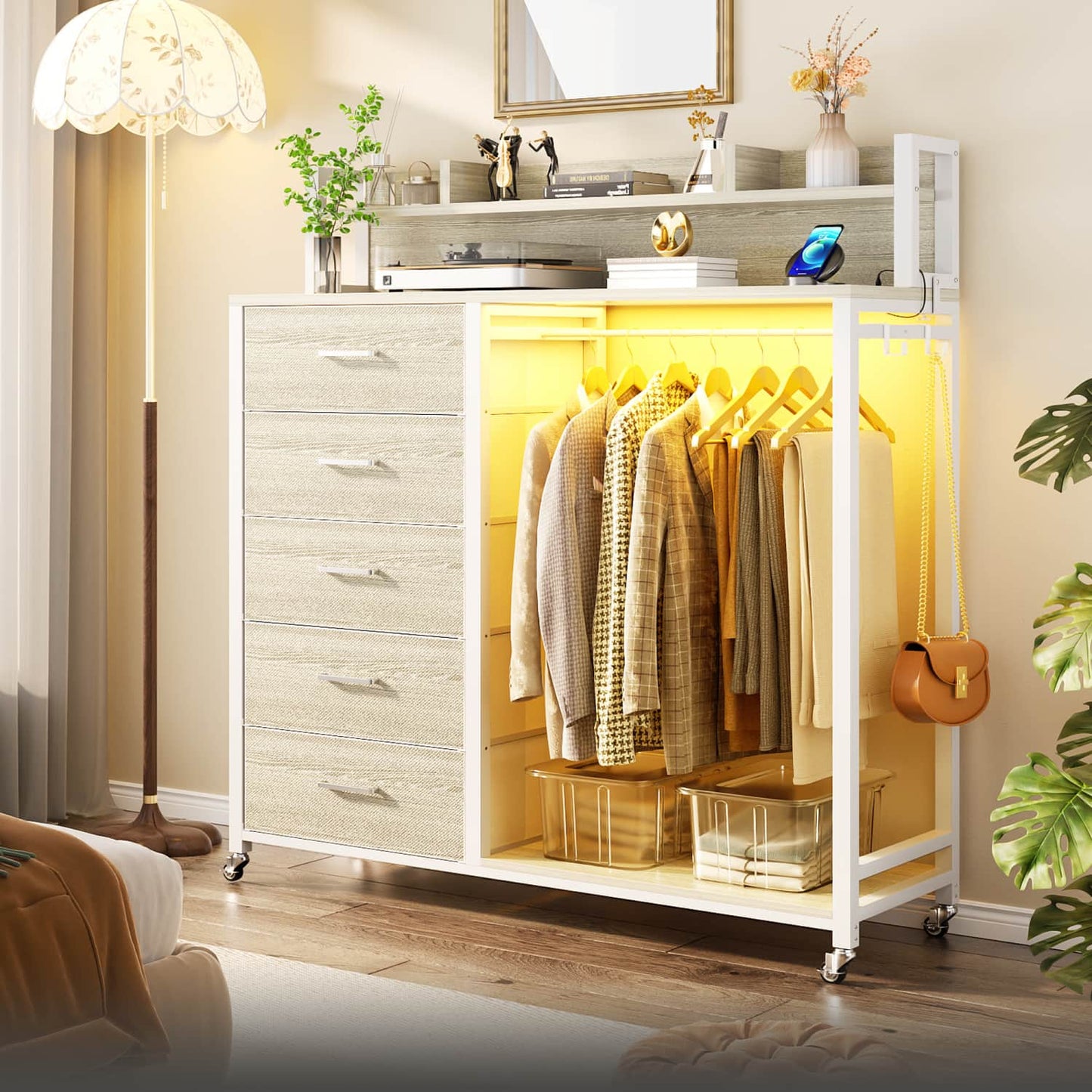 Dresser for Bedroom with Clothes Rack & Shelves, 5 Drawers Dresser with Charging Station