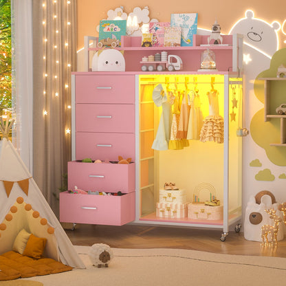 Dresser for Bedroom with Clothes Rack & Shelves, 5 Drawers Dresser with Charging Station