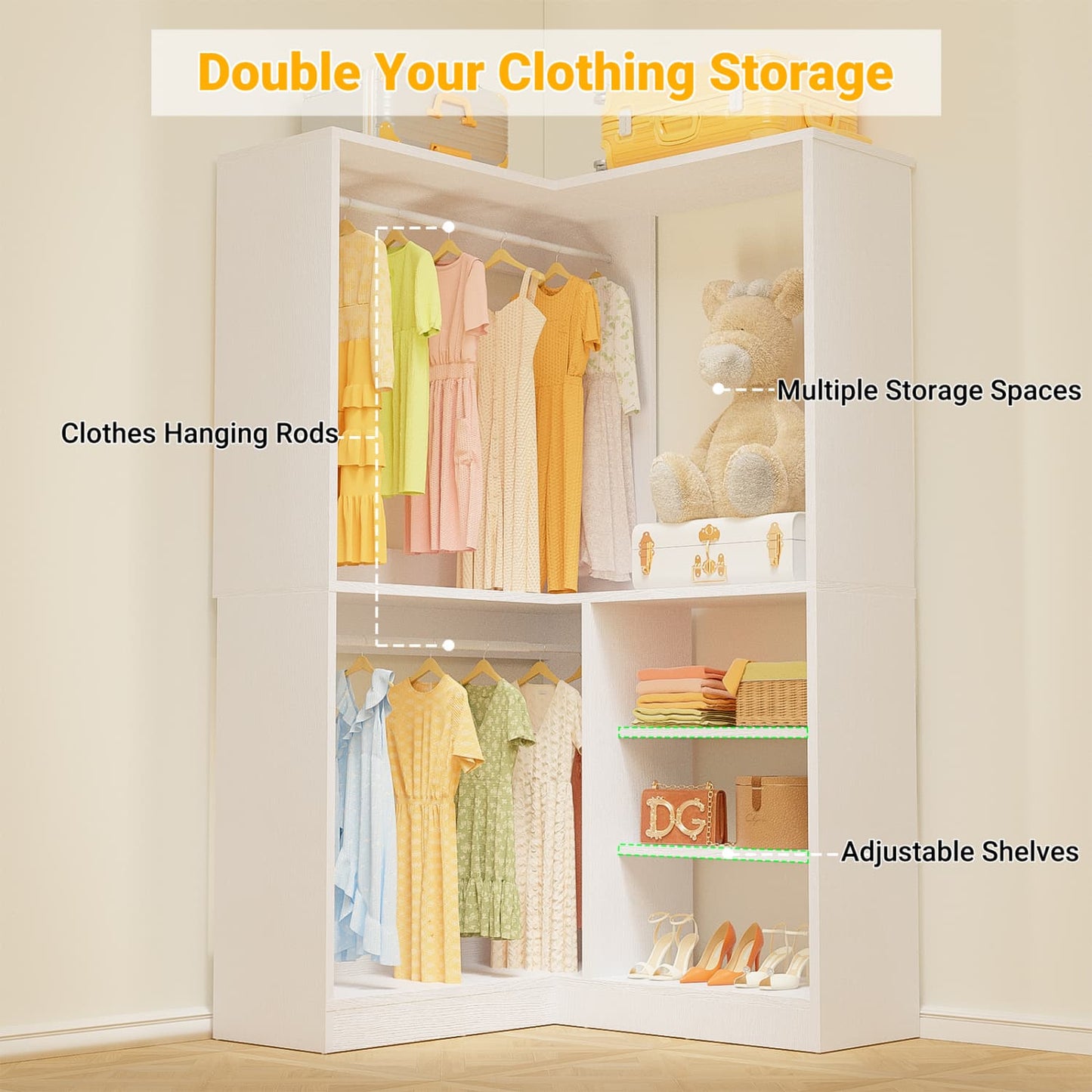 Corner Closet System with Shelf, Freestanding Closet Organizer with 2 Hanging Rods