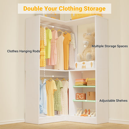 Corner Closet System with Shelf, Freestanding Closet Organizer with 2 Hanging Rods